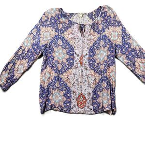Lucky Brand Women Floral Blouse Boho Hippie Lightweight Chic Blue Purple XL G254